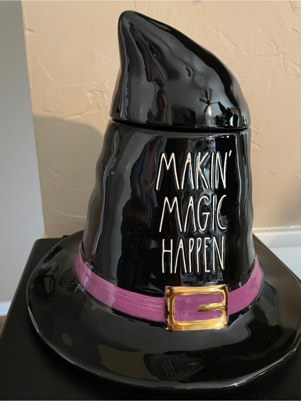 Rae Dunn Black Ceramic Jar with White Lettering and Purple Accent